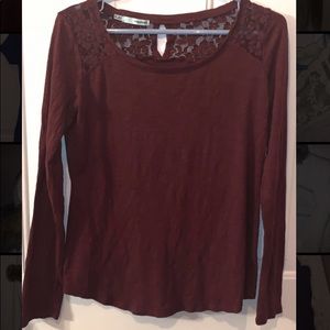Maurices Maroon Long Sleeve Floral Lace Tee